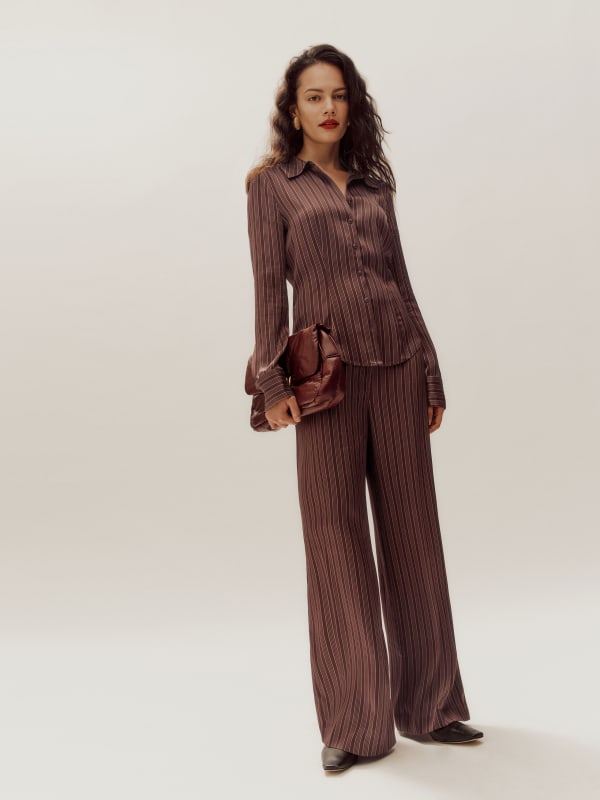 Norah Wide Leg Satin Pant - Mahogany Stripe